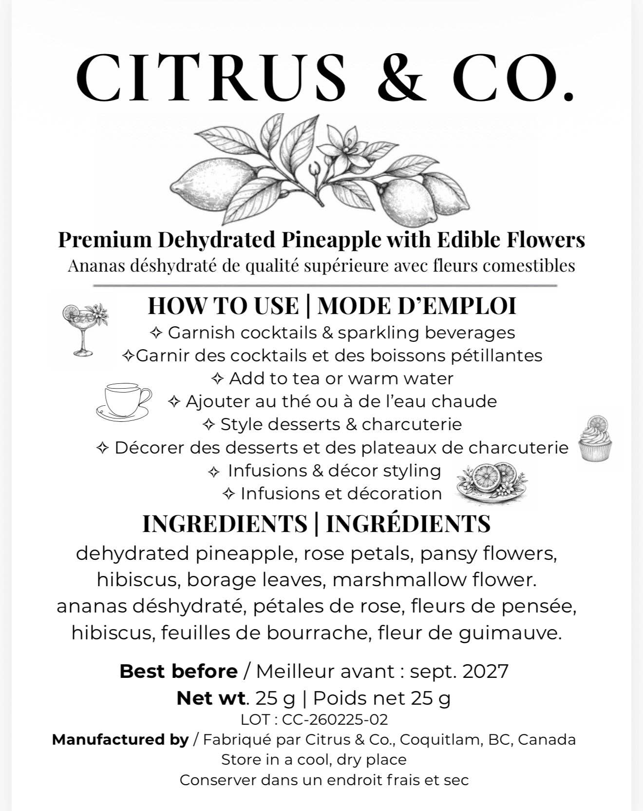 Citrus + Co - Luxury Dehydrated Pineapple Garnish with Edible Flowers: Small 25g