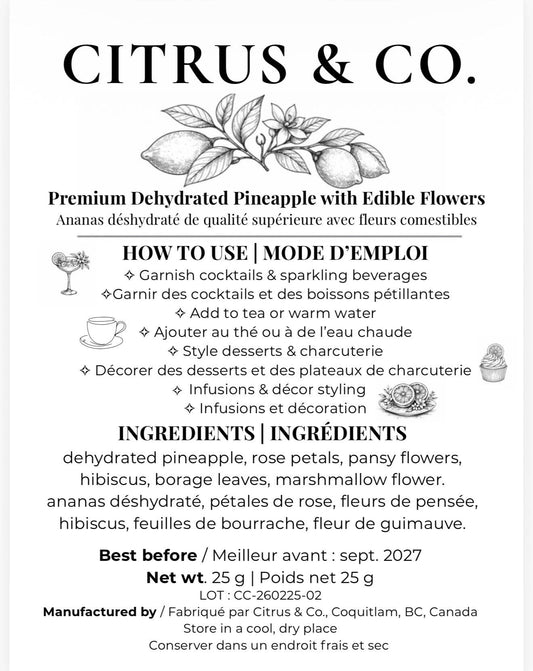 Citrus + Co - Luxury Dehydrated Pineapple Garnish with Edible Flowers: Small 25g