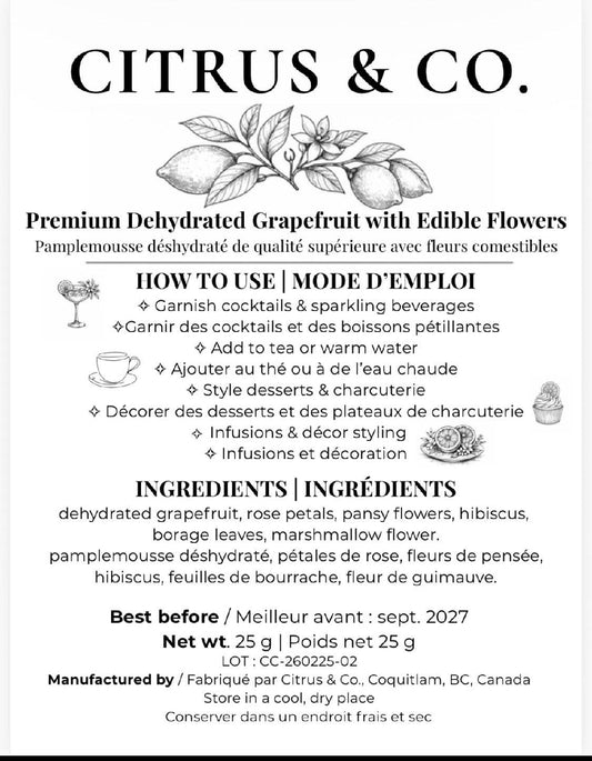 Citrus + Co - Luxury Dehydrated Grape Fruit  Garnish with Edible Flowers: Small - 25 grams (5 + pieces)